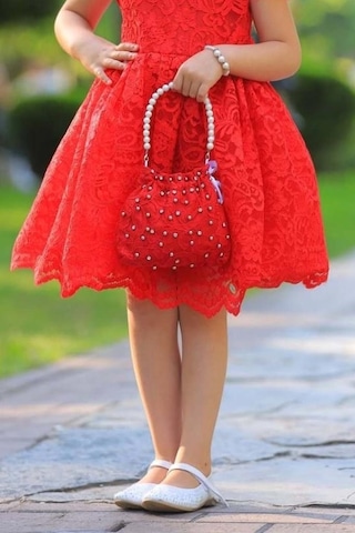Riccotarz Kız Çocuk Üzeri Boydan Dantel Güpür İşlemeli Şeffaf Tüllü Sıfır Kol Kırmızı Elbise Kırmızı