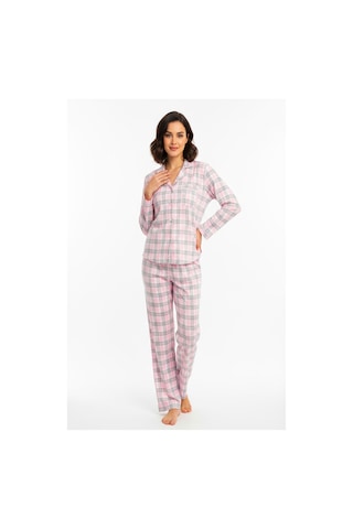 Bravie Luxury Viscose Pembe Ekose Desenli Kadın Uzun Kollu Büyük Beden Pijama Takımı 42531 Pembe