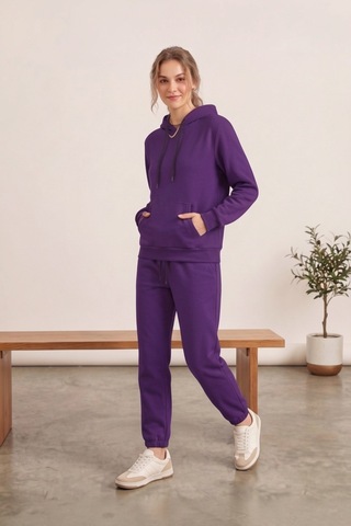 Moibody Kadın 3 İplik Şardonlu Eşofman Takımı Premium Kapüşonlu Sweatshirt Ve Jogger Alt Mor Mor