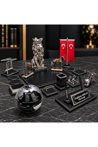 18 Parça Lüks Aslanlı Sümen Takımı Çift Kaplanlı Türk Bayraklı Kişiye Özel Makam Ofis Seti