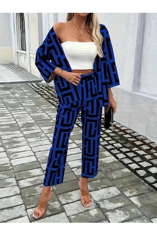 Efnaz Style Kadın Uzun Kollu Önü Açık Desenli Iki Iplik Ceket Ve Pantolon Ikili Takım Saksmavi