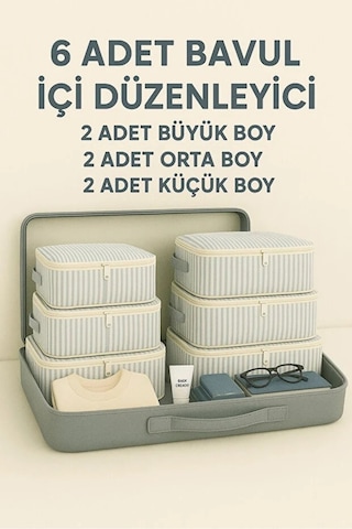 Serstil 6 Parça Bavul Organizer Filesiz Hurç Seti Valiz İçi Düzenleyici Hurç Ve Çanta Takımı - Gri Çizgili