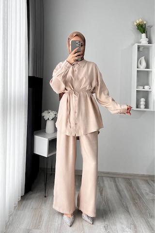 Neşeli Butik Kadın Jakarlı Alt Üst İkili Tesettür Takım Nms053 Bej