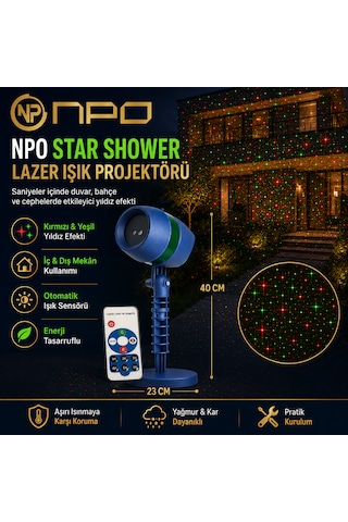 Npo Sh01 Star Shower Kırmızı Yeşil Lazer Işık Projektörü Kumandalı Bahçe Duvar Yıldız Efekti Lacivert