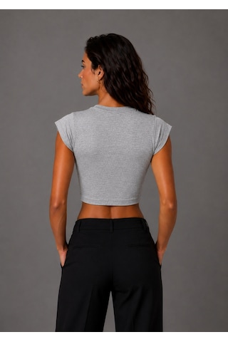 Parshey Kadın Crop Body Kısa Kollu Slim Fit Basic Crop Top Bisiklet Yaka Bluz Gri