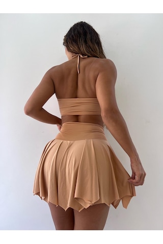 Pink Life Bej Mikro Kumaş Etek Büstiyer Ikili Takım-Bej