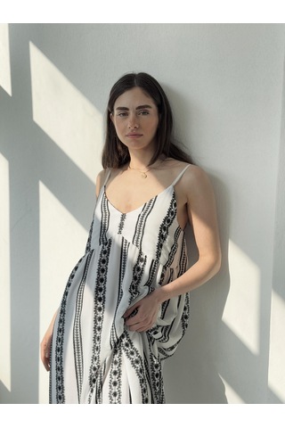 Retrobird Tasarım June Askılı Yırtmaçlı Elbise Kadın Siyah - Beyaz-13908 Siyah - Beyaz