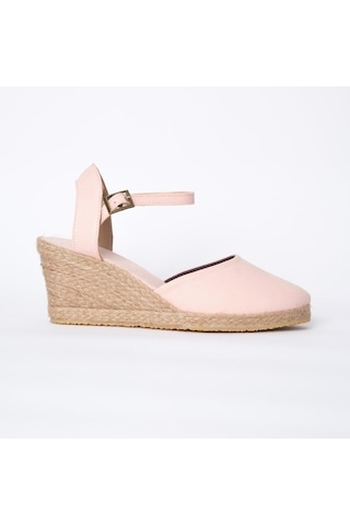 Star Tombis Gerçek Elişi Topuğu Açık Bilekten Bantlı Dolgu Topuk Pembe Keten Hasır Espadril Handmade Pembe