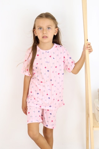 Kız Çocuk Pamuklu Penye Kumaş Şortlu Pijama Takımı Beyaz - Pembe