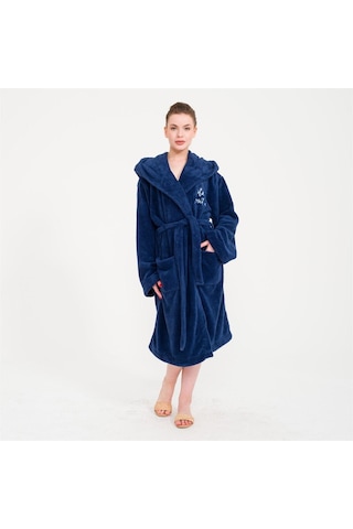 Uzun Welsoft Kapüşonlu Kadın Sabahlık Lacivert
