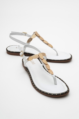 Luvishoes Luvi Shoes Marea Beyaz Hakiki Deri Parmak Arası Gold Tokalı Kadın Sandalet Beyaz