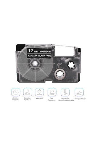 Shineyee Kz-12abk 12mm Pet Etiket Bandı - Siyah Üstü Beyaz Yazı, Dayanıklı, Suya Dayanıklı, Yüksek/low Sıcaklığa Dayanıklı, Yoğun Yapışkan, Casio Yazıcı Uyumlu