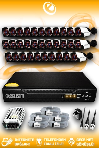 Elitcam 32 Kameralı Panda 32 Dış Kamera Set HDD'siz Full HD Gece Görüşlü Güvenlik Kamerası Sistemi