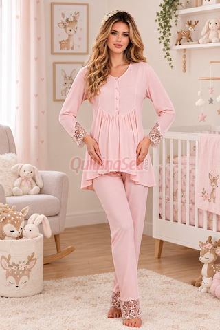 Quilling Lady Bebe Pembe Renkli Dantel Detaylı, 33204 Uzun Kol, 2 Parça Lohusa Hamile Pijama Takımı Açık Pembe M - L