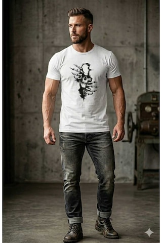 Erkek Pamuklu Rahat Kalıp Kurukafa Baskılı T-shirt Beyaz