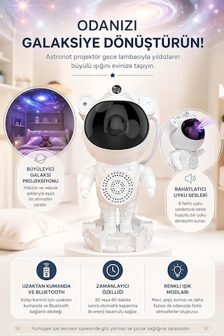Astronot Galaksi Projektörü - Gece Lambası, 8 Farklı Uyku Sesi, Bluetooth Hoparlör Ve Uzaktan Kumandalı Yıldız Y