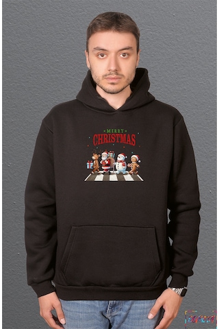 Bumeta Christmas Crossing Santa Geyik Ve Kardan Adam Baskılı Sweatshirt Unisex Kapüşonlu Hoodie Siyah