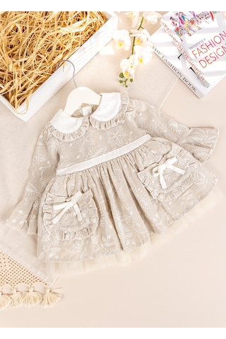 Babymod Bebe Yaka Çep Detaylı Şık Özel Gün Kız Bebek Elbise Bej