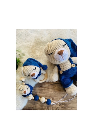 Adenya Sepeti Sepeti Masala Ayıcık Set Lacivert Renk Örgü Amigurumi Oyuncak + Diş Kaşıyıcı + Emzik Askısı