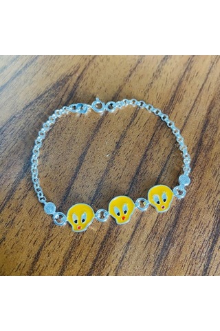 Sarı Kuş Taşlı Çocuk Gümüş Bileklik Bebek Künyesi Csb14