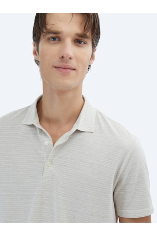 Kip Bej Çizgili Polo Yaka Pamuk Karışımlı T-shirt Bej