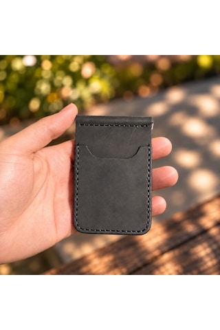 Hemlabel El Yapımı Hakiki Deri Para Klipsli Kartlık Cüzdan Minimal Erkek Cüzdanı Kişiselleştirilebilir Siyah