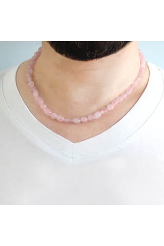 Silver Renk Metal Zincirli Amorf Pembe Kuvars Doğaltaş Erkek Kolye Gümüş