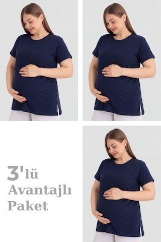Pamuklu Kısa Kollu Hamile Tişört Lacivert 3'lü Paket Yumuşak ve Rahat Hamile Giyim