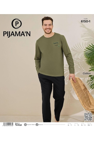 Pijamoni Erkek Pamuklu Bisiklet Yaka Uzun Kol İnce Pijama Takımı 6150/1 - 1 Adet Haki