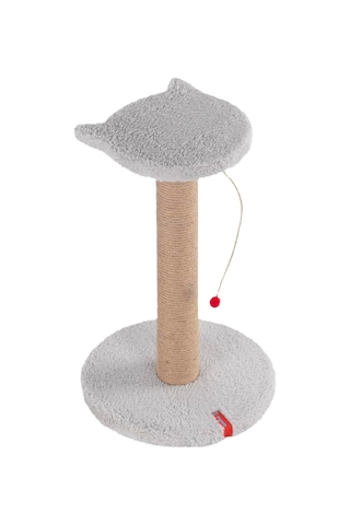 Stepli Kedi Yüzlü Platform Tırmalama Tahtası, Gri Peluş Kaplı, Sisal İpli, Oyuncaklı Gri
