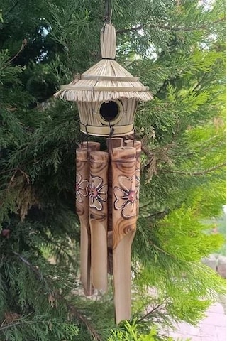 Otantik Hasır Kuş Yuvalı El Yapımı Doğal Bambu Çiçek Desenli Rüzgar Çanı Balkon Dekoru Ev Hediyesi