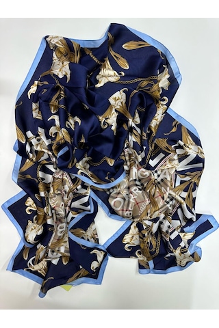 Miorel Scarfs Yeni Sezon Çiçek Desen Ekose Zincir Vual İpek Şal Premium Lacivert