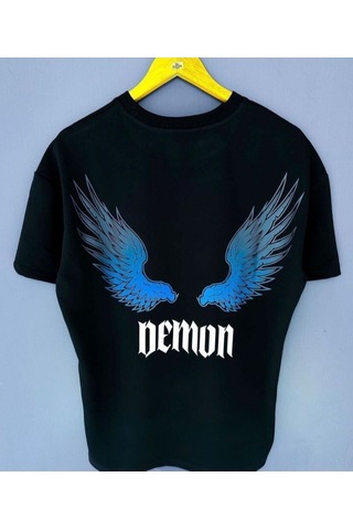 Flood Of Style Siyah Beyaz Demon Baskılı Oversize Bisiklet Yaka Tişört
