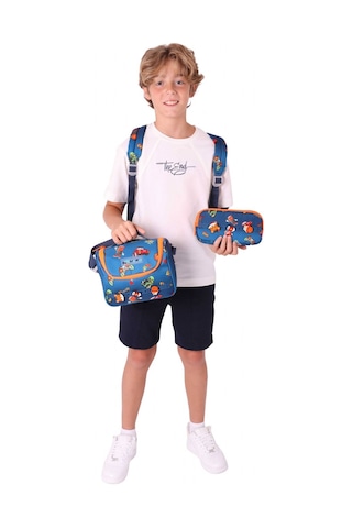 Kaukko Kids Üçlü İlkokul 1.2.3.4. Sınıf Okul Çanta Seti - Lacivert Turuncu - Erkek Çocuk - Silikon Aksesuarlı Lacivert - Turuncu