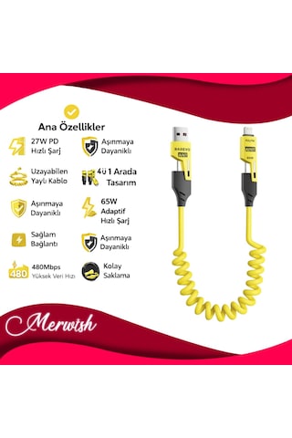 4'ü 1 Arada 65w Yaylı Hızlı Şarj Kablosu Type-c & Lightning Pd Destekli, Dolaşmaz Spiral Tasarım, 1.5m Uzayabilir Diğer
