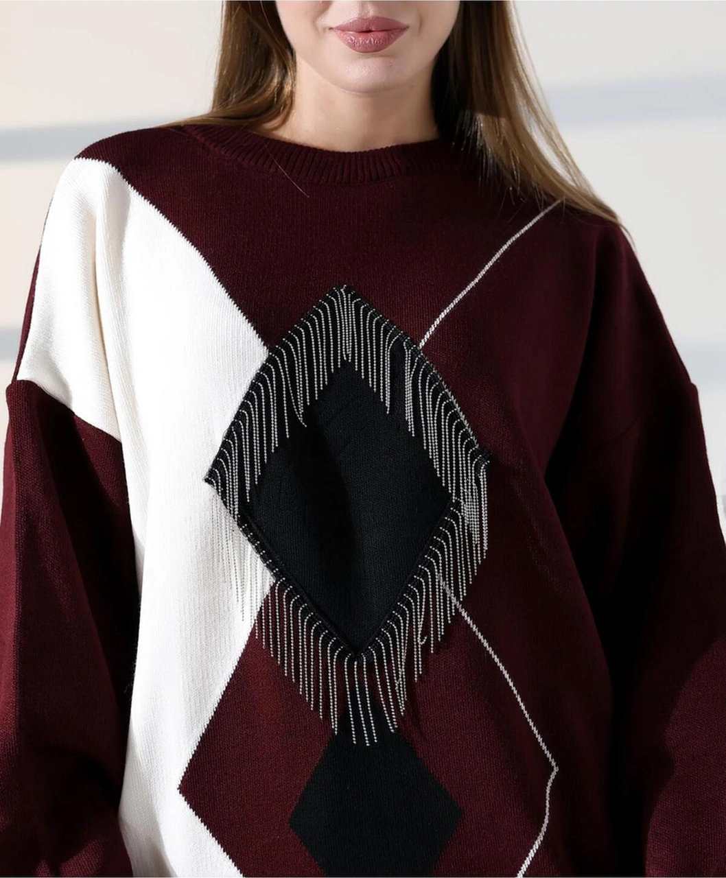 Redmina Fashion Geometrik Desenli Oversize Kadın Kazak Bordo - Siya