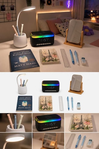 Doğum Günü, Özel Gün, Yeni İş Hediyesi Rgb Alarmlı Saat Hoparlör, Masa Lambası, Ahşap Ayna, Gece Yarısı Kütüphanesi Kitaplı 6'lı Hediye