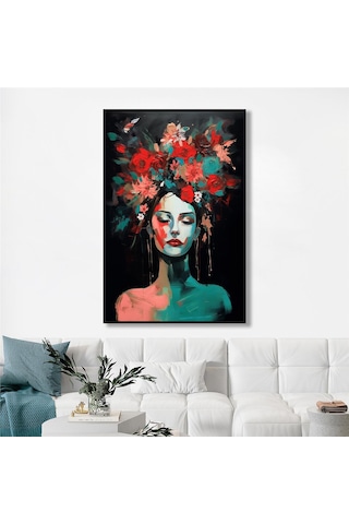 Yağlı Boya Dokulu Tablo Modern Çiçek Saçlı Kadın Siyah Çerçeveli U05012-178964