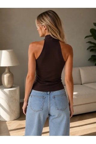 Park Karon Kadın Fular Detay Slim Fit Modal Örme Bluz 26054 Koyu Kahve