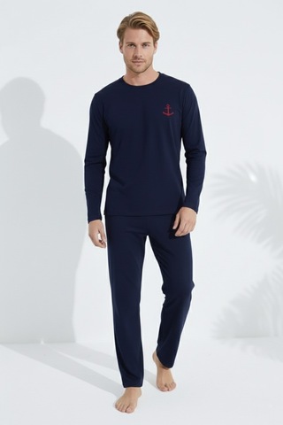 Free Beka Erkek Nakışlı Lacivert Uzun Kollu Penye Kumaş Mevsimlik Pijama Takımı