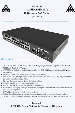 Anunnaki 10324ke 24 Port Poe Switch 400w 2ge Gigabit Uplink +1sfp 250m Extend Ip Kamera Uyumlu