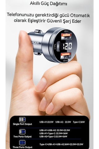 Essager 80w Araç Şarjı Type-c+usb Üç Giriş Hızlı Pd Ce Lisanslı