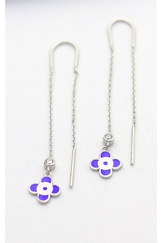 Mineli Çiçek Sallantılı Gümüş Küpe Silver