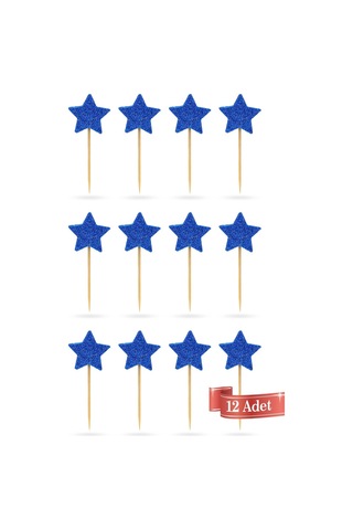 Mavi Yıldız Simli Eva Kürdan Cupcake Toppers Cupcake Çubuğu 12'li