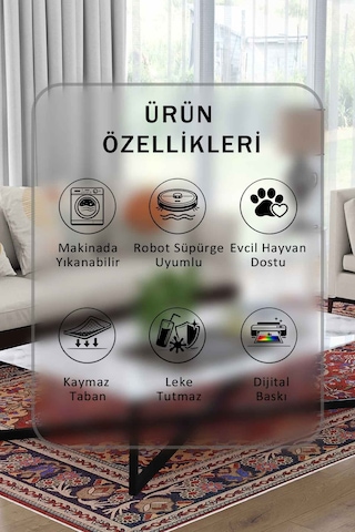 Yıkanabilir Kaymaz Taban Dijital Baskılı Halı Ve Yolluk Leke Tutmaz Salon & Mutfak Halısı - 0608 Bordo