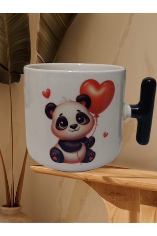 Sevimi Kalpli Panda Çift Taraf Baskılı T Kupa Bardak Siyah T