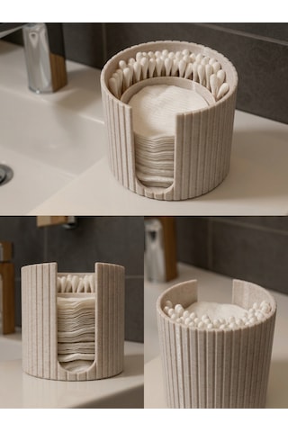 Banyo Seti 3 Parça Diş Fırçalık, Kapaklı Pamukluk Ve Takı Standı Modern Organizer Bej-kahverengi