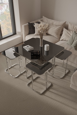 4+1 Gümüş Kaplam Füme Ayna Radüslü Orta Sehpa