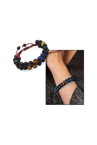 Çift Sıra Makrome Örgülü Küre Kesim Çoklu Kaplangözü Doğaltaş Kombinli Erkek Enerji Bilekliği Çok Renkli