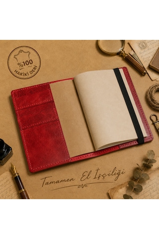 Bilikolik Hakiki Deri A5 Defter Kılıfı, El Yapımı, Telefon Cepli Ajanda Organizer, Defter Ve Kalem Dahil Kırmızı